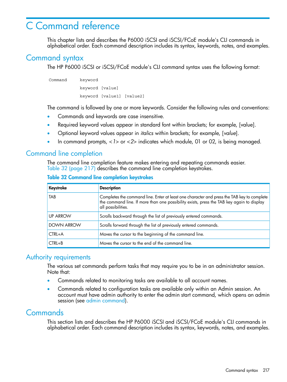 C command reference, Command syntax, Command line completion | Authority requirements, Commands, Command line completion authority requirements | HP EVA P6000 Storage User Manual | Page 217 / 316