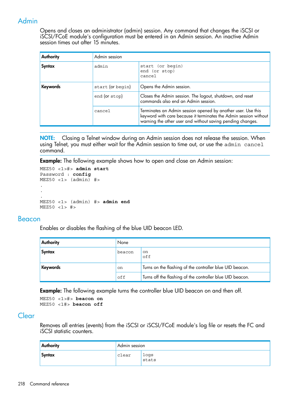 Admin, Beacon, Clear | Admin beacon clear | HP EVA P6000 Storage User Manual | Page 218 / 316