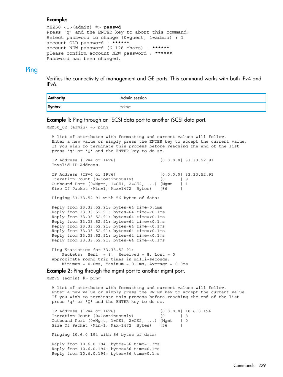 Ping | HP EVA P6000 Storage User Manual | Page 229 / 316