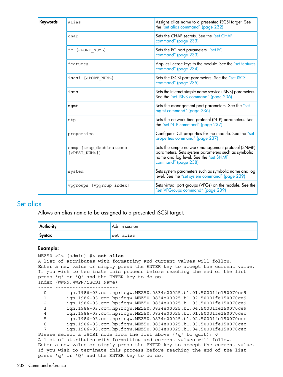 Set alias | HP EVA P6000 Storage User Manual | Page 232 / 316