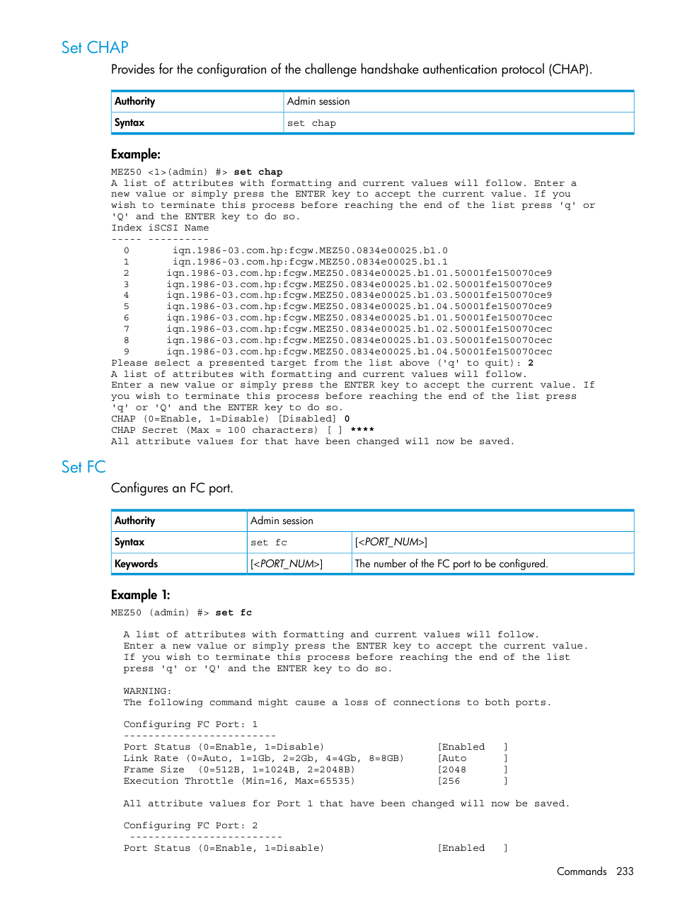 Set chap, Set fc, Set chap set fc | HP EVA P6000 Storage User Manual | Page 233 / 316