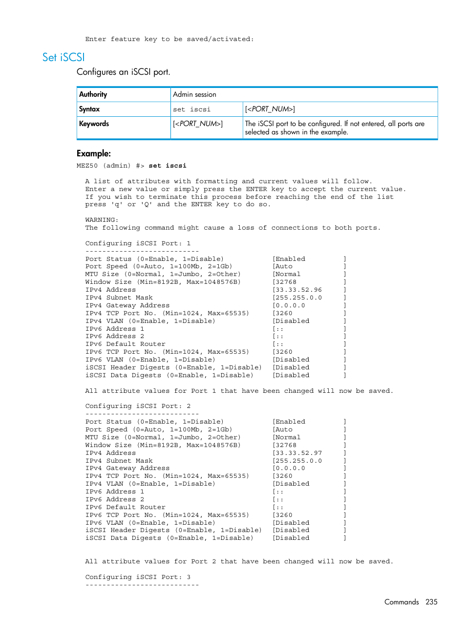 Set iscsi | HP EVA P6000 Storage User Manual | Page 235 / 316