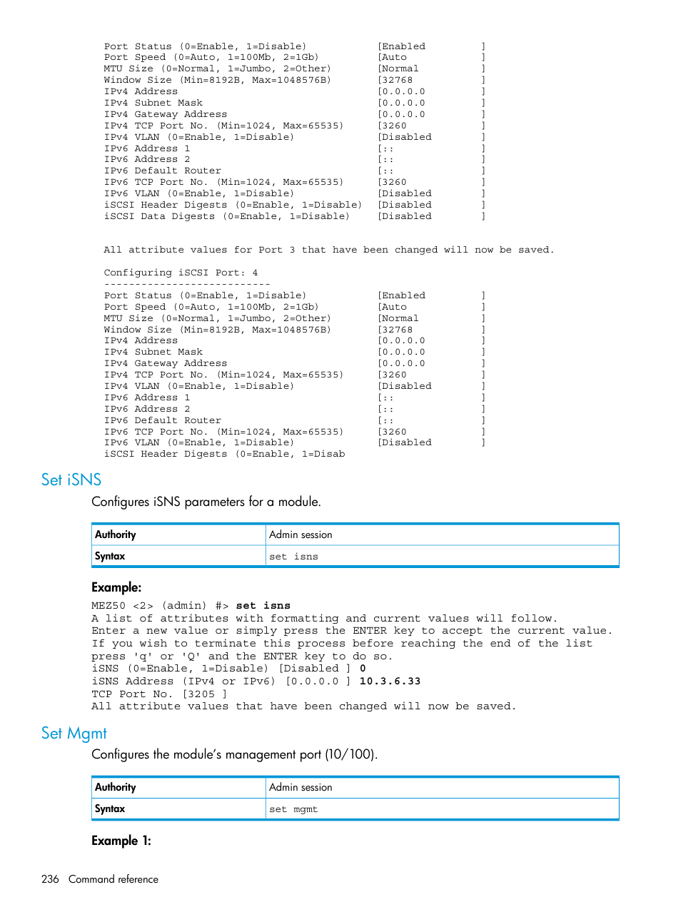 Set isns, Set mgmt, Set isns set mgmt | HP EVA P6000 Storage User Manual | Page 236 / 316