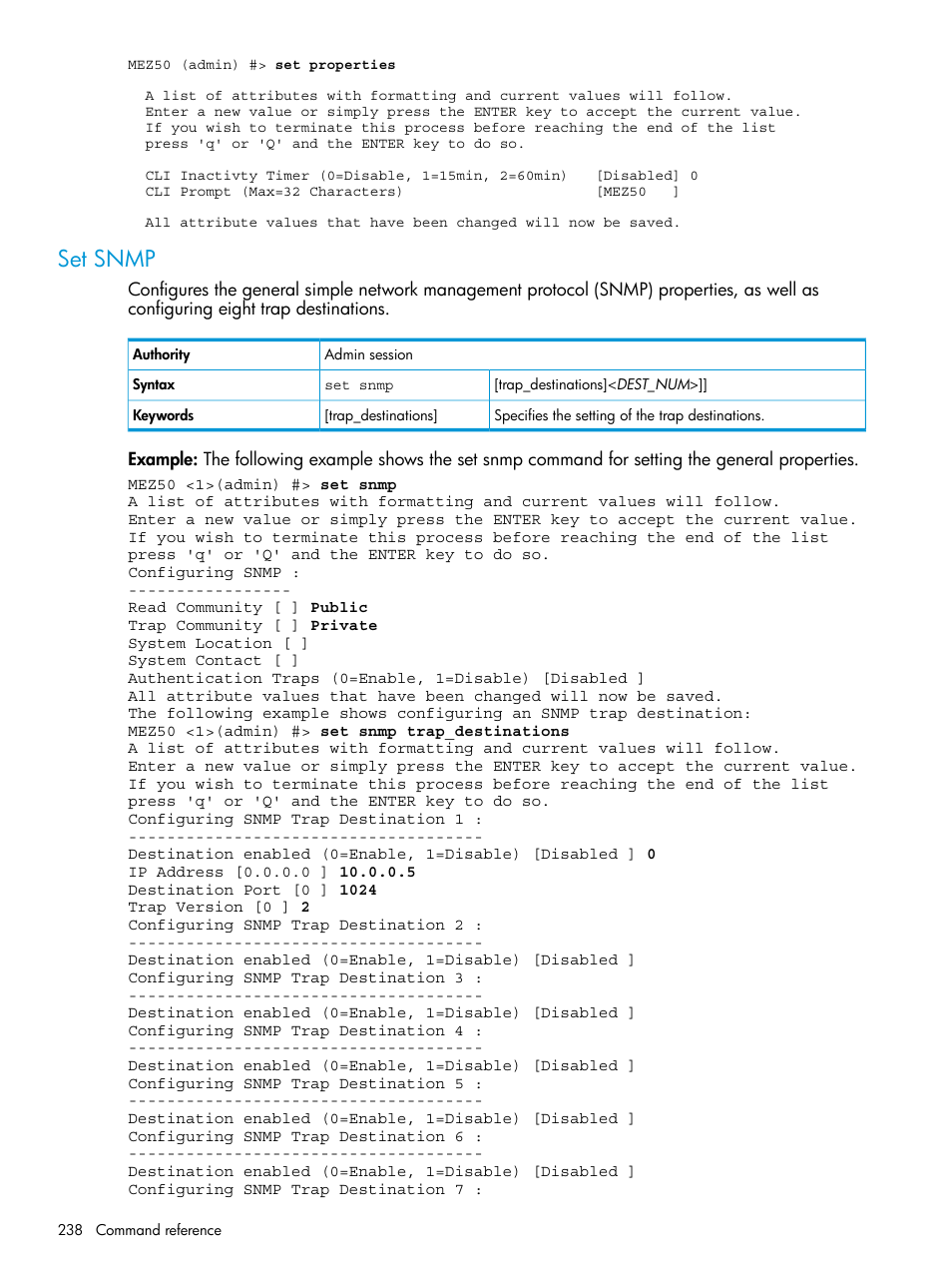 Set snmp | HP EVA P6000 Storage User Manual | Page 238 / 316