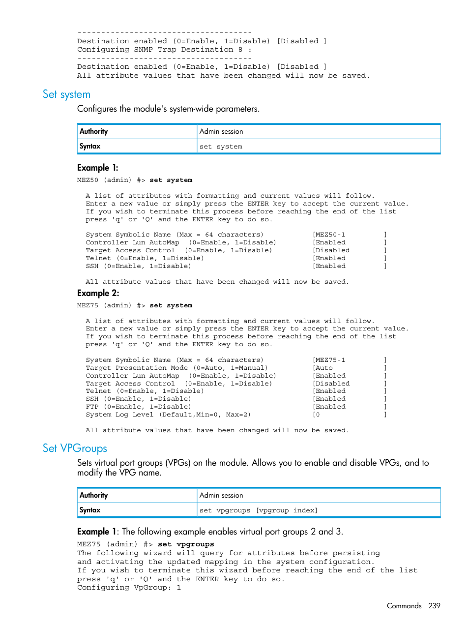 Set system, Set vpgroups, Set system set vpgroups | HP EVA P6000 Storage User Manual | Page 239 / 316