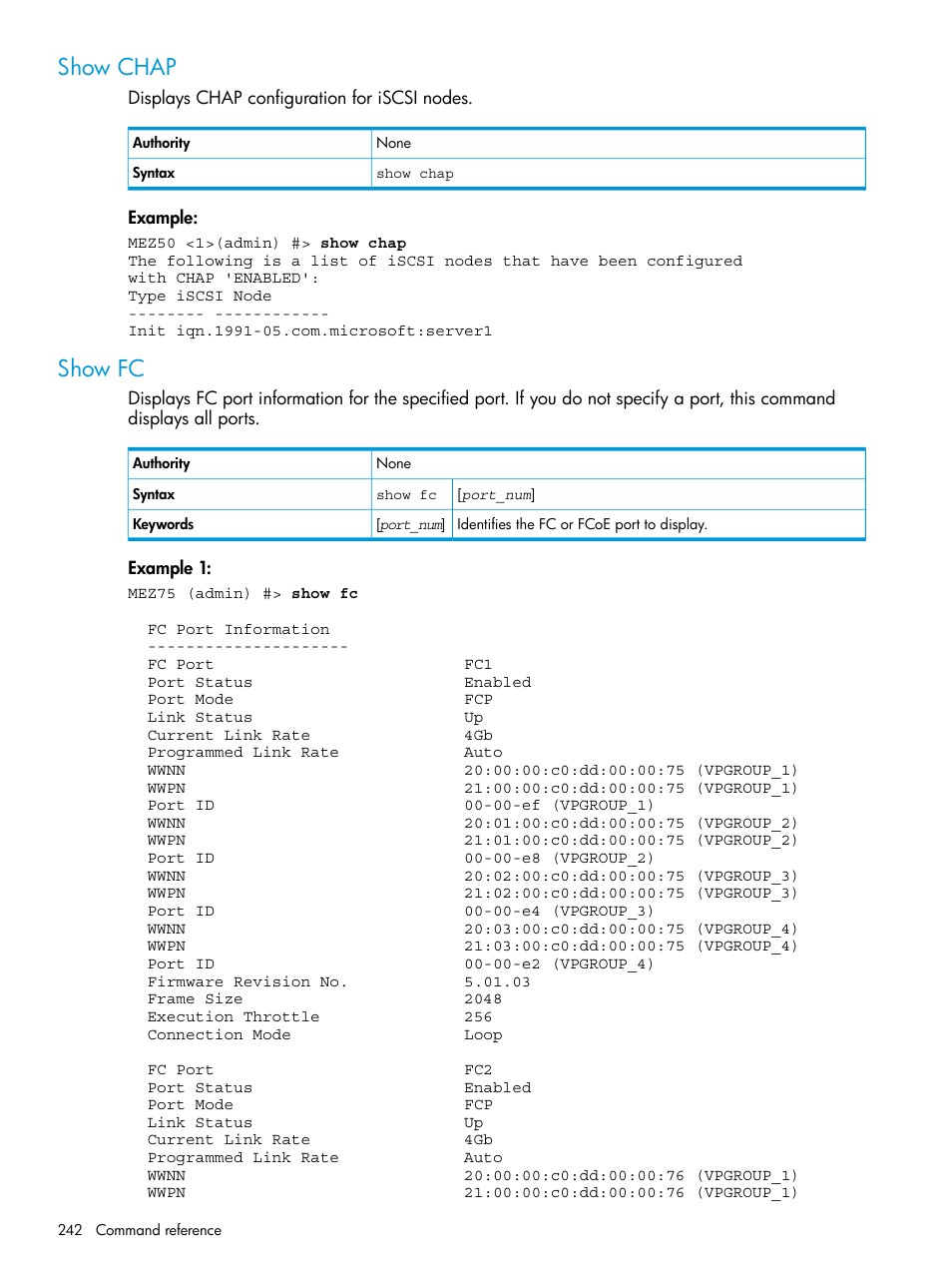 Show chap, Show fc, Show chap show fc | Show | HP EVA P6000 Storage User Manual | Page 242 / 316