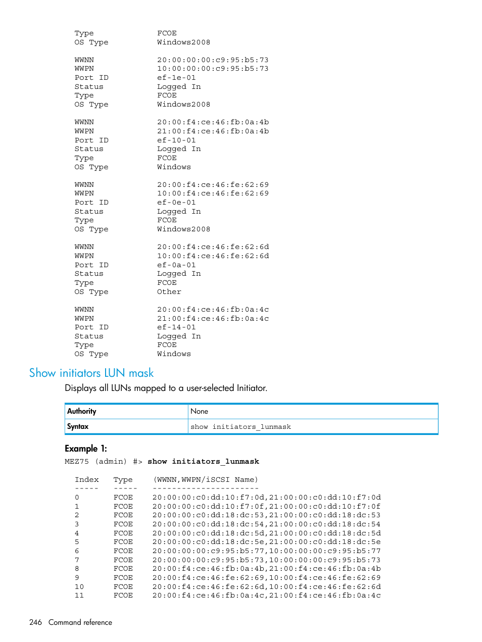 Show initiators lun mask | HP EVA P6000 Storage User Manual | Page 246 / 316