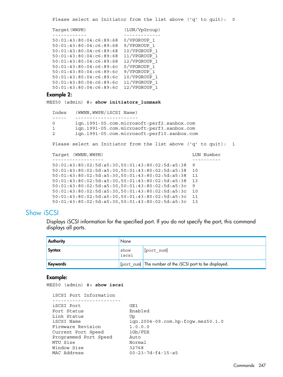 Show iscsi | HP EVA P6000 Storage User Manual | Page 247 / 316