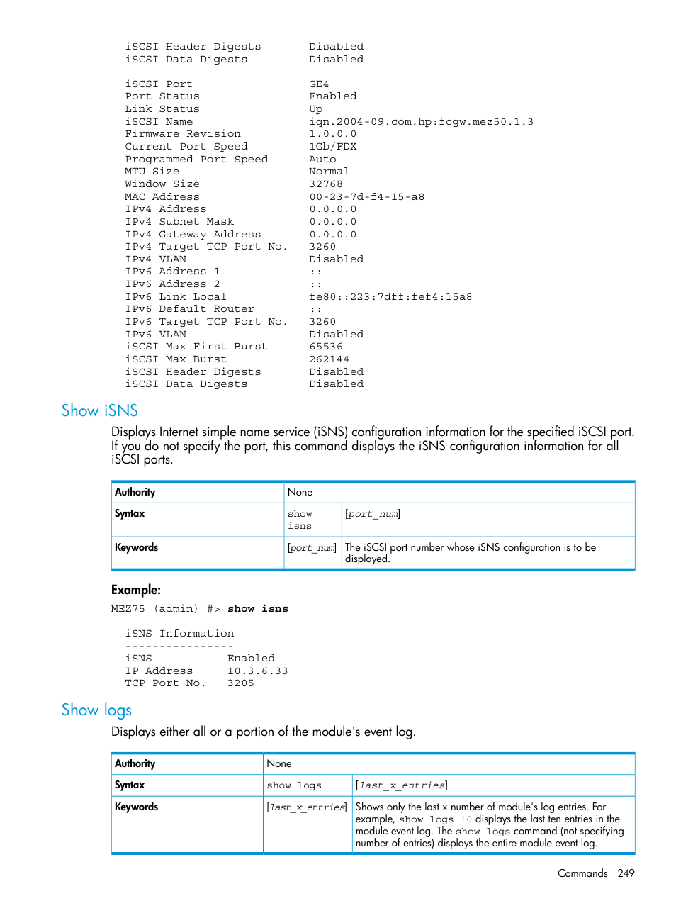 Show isns, Show logs, Show isns show logs | HP EVA P6000 Storage User Manual | Page 249 / 316