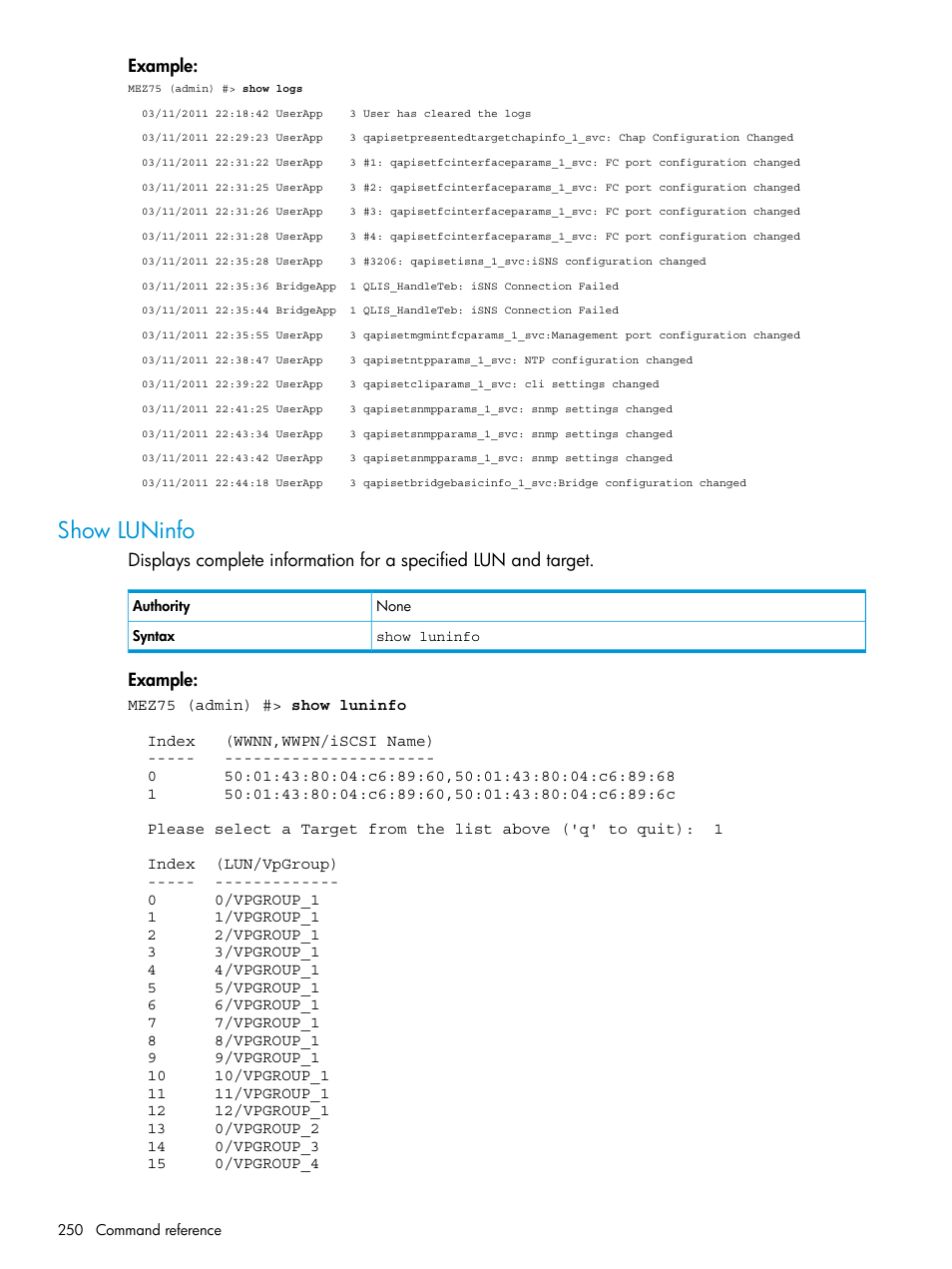 Show luninfo, Example | HP EVA P6000 Storage User Manual | Page 250 / 316