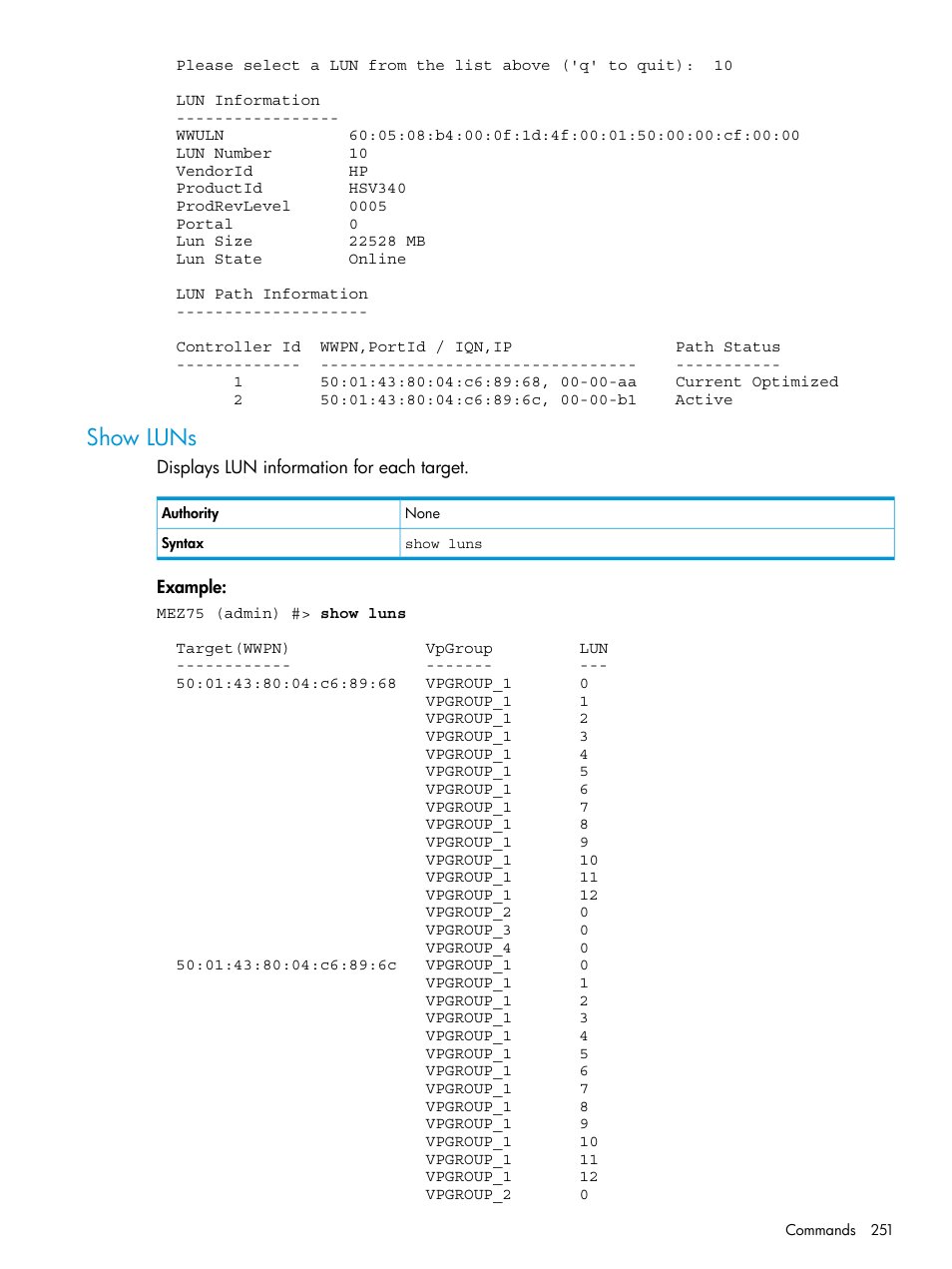 Show luns | HP EVA P6000 Storage User Manual | Page 251 / 316