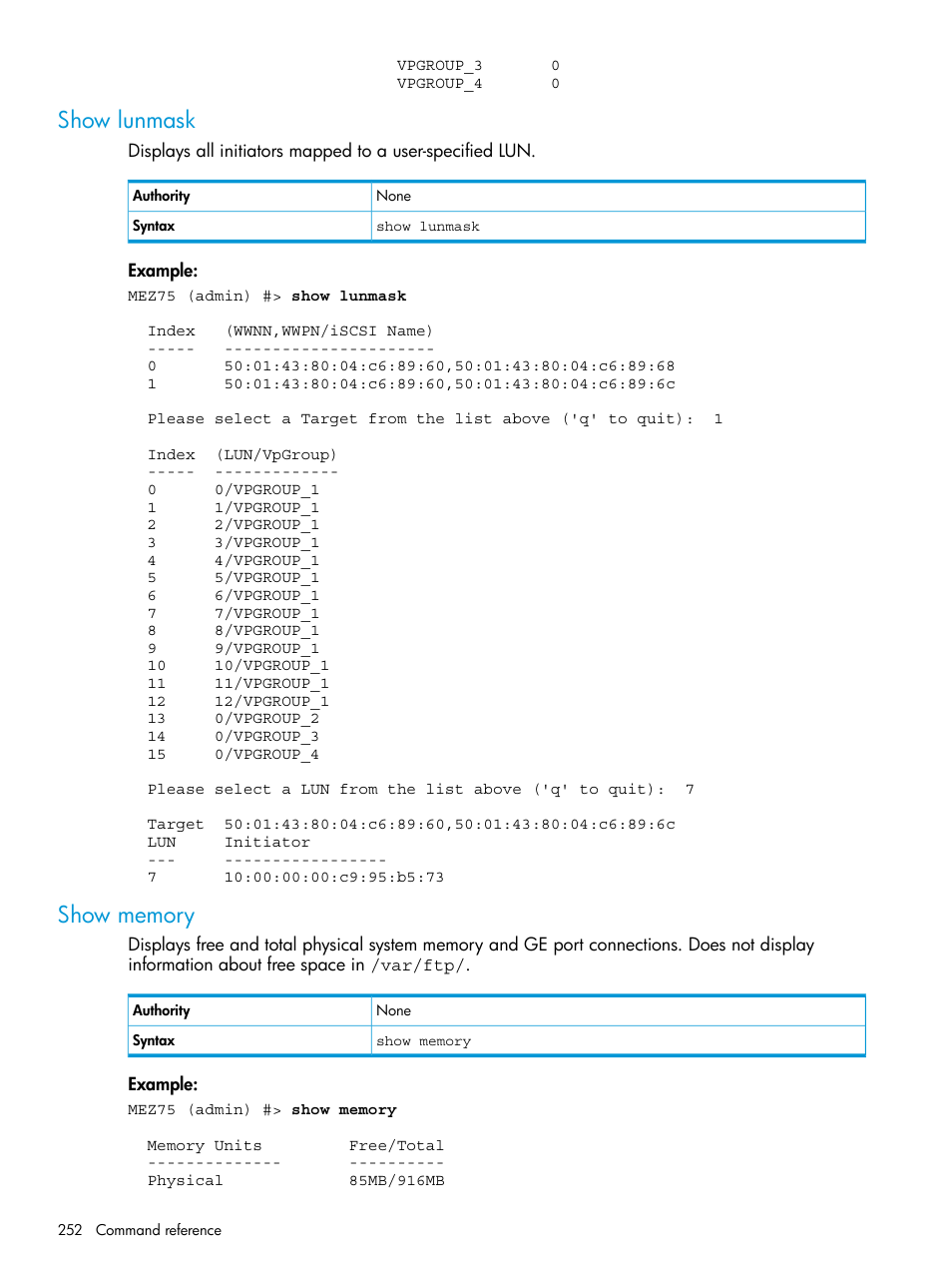 Show lunmask, Show memory, Show lunmask show memory | HP EVA P6000 Storage User Manual | Page 252 / 316