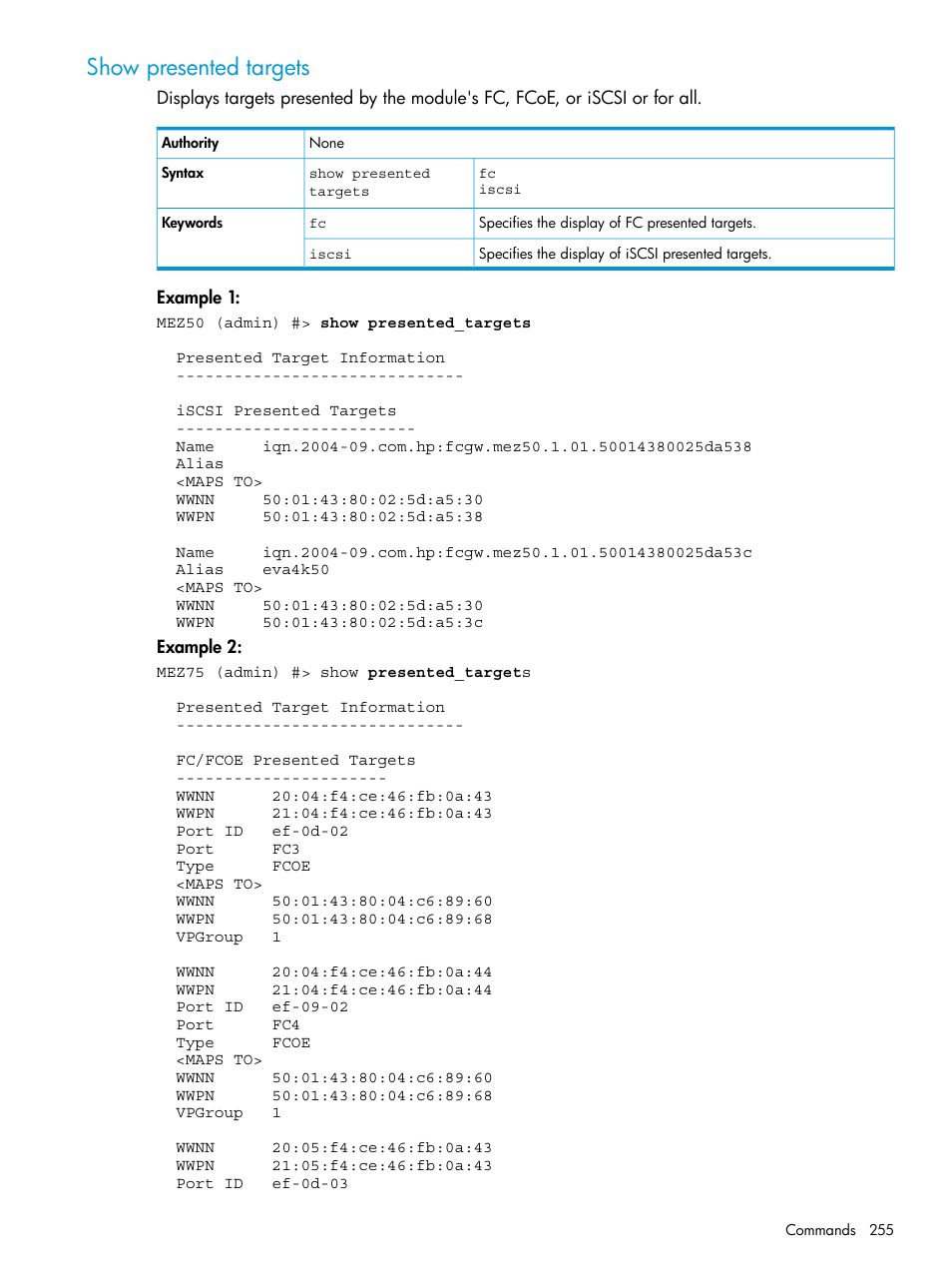 Show presented targets | HP EVA P6000 Storage User Manual | Page 255 / 316