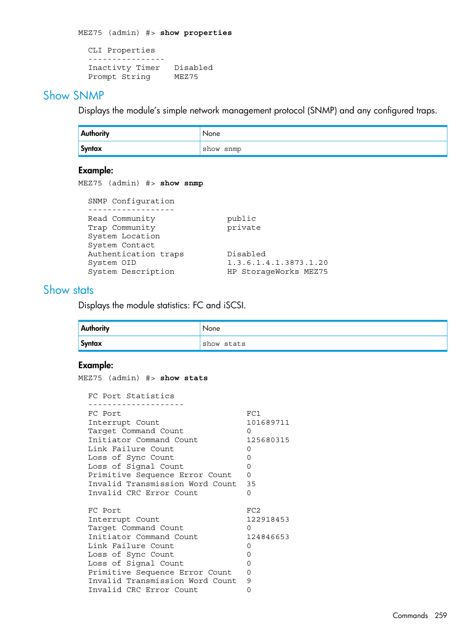 Show snmp, Show stats, Show snmp show stats | HP EVA P6000 Storage User Manual | Page 259 / 316