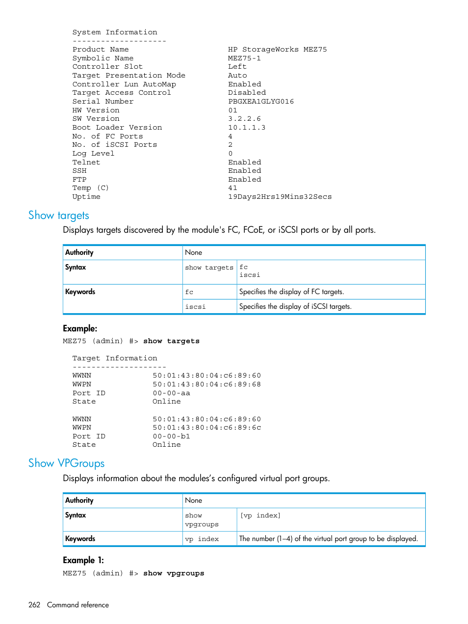 Show targets, Show vpgroups, Show targets show vpgroups | HP EVA P6000 Storage User Manual | Page 262 / 316