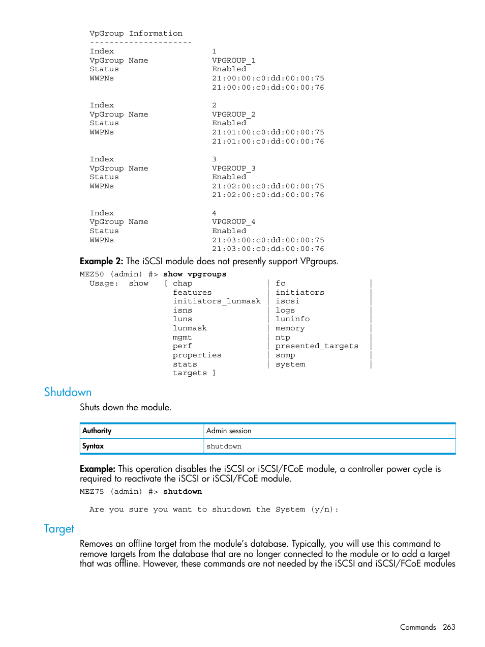 Shutdown, Target, Shutdown target | HP EVA P6000 Storage User Manual | Page 263 / 316