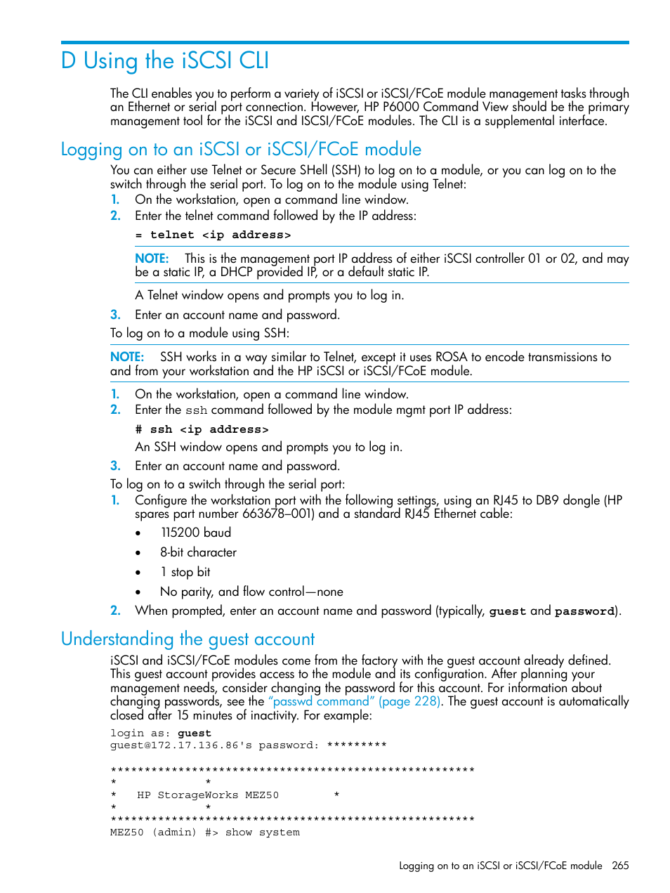 D using the iscsi cli, Logging on to an iscsi or iscsi/fcoe module, Understanding the guest account | HP EVA P6000 Storage User Manual | Page 265 / 316