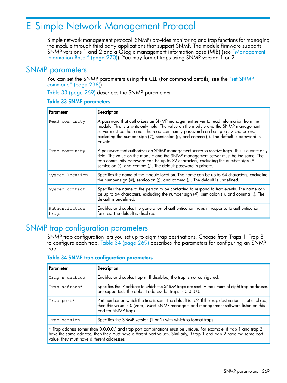 E simple network management protocol, Snmp parameters, Snmp trap configuration parameters | Snmp parameters snmp trap configuration parameters | HP EVA P6000 Storage User Manual | Page 269 / 316