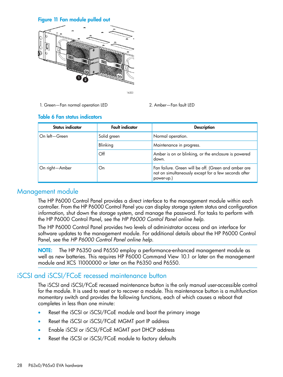 Management module, Iscsi and iscsi/fcoe recessed maintenance button | HP EVA P6000 Storage User Manual | Page 28 / 316