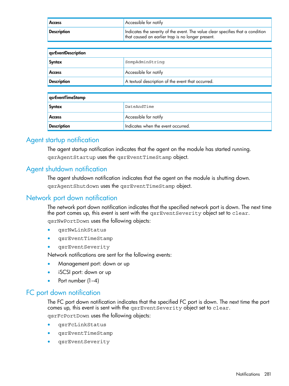 Agent startup notification, Agent shutdown notification, Network port down notification | Fc port down notification | HP EVA P6000 Storage User Manual | Page 281 / 316