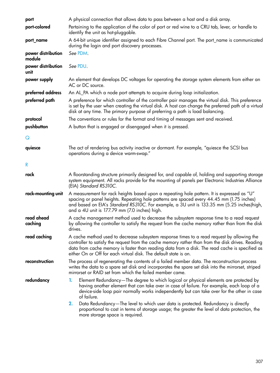 Rack-mounting unit, Read caching | HP EVA P6000 Storage User Manual | Page 307 / 316