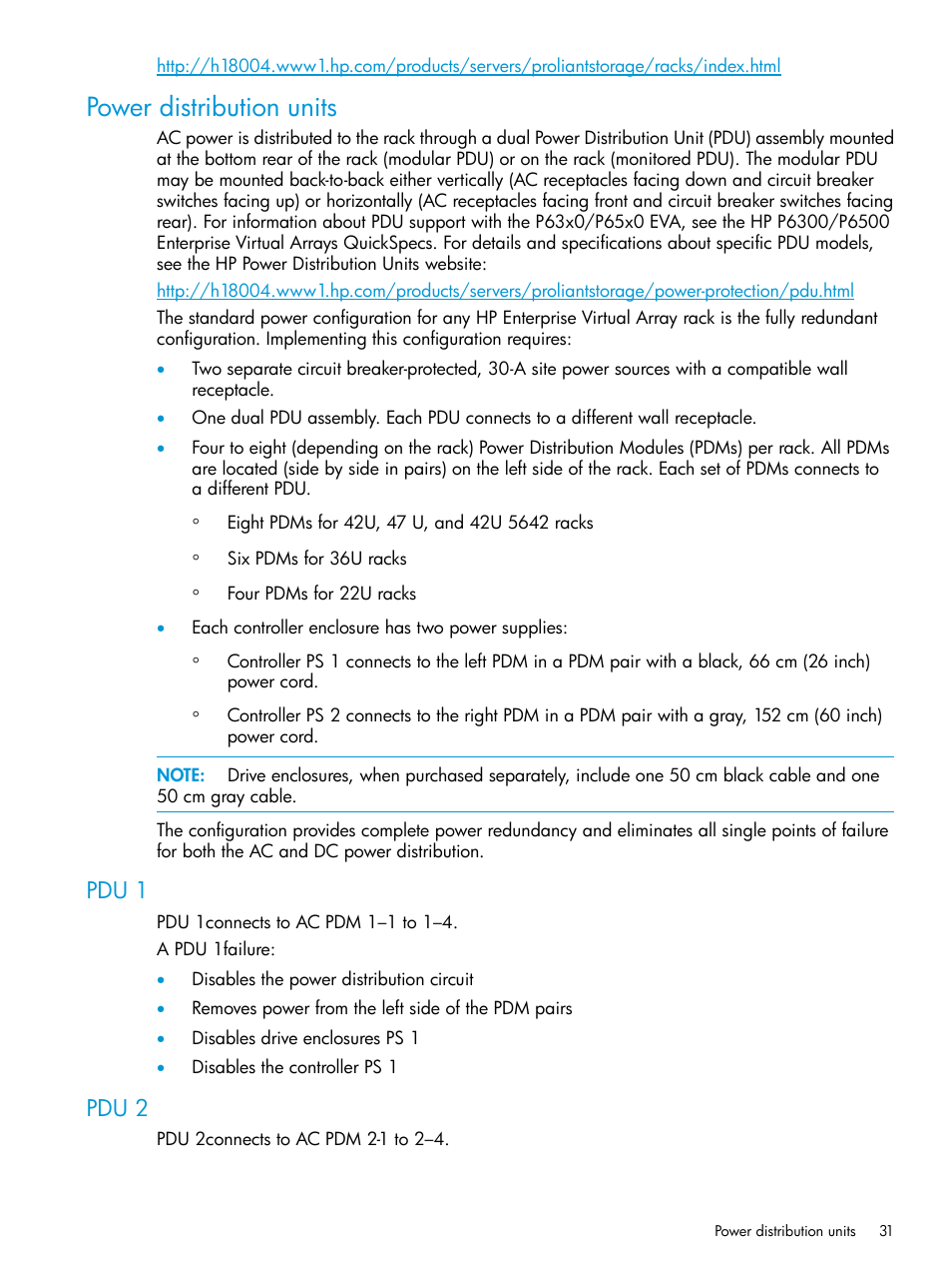 Power distribution units, Pdu 1, Pdu 2 | Pdu 1 pdu 2 | HP EVA P6000 Storage User Manual | Page 31 / 316