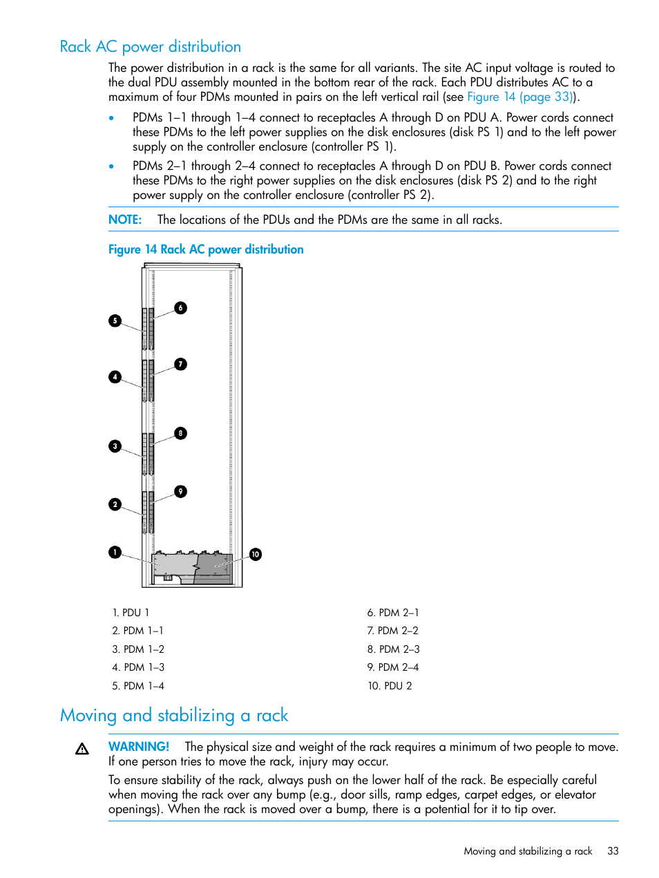 Rack ac power distribution, Moving and stabilizing a rack | HP EVA P6000 Storage User Manual | Page 33 / 316