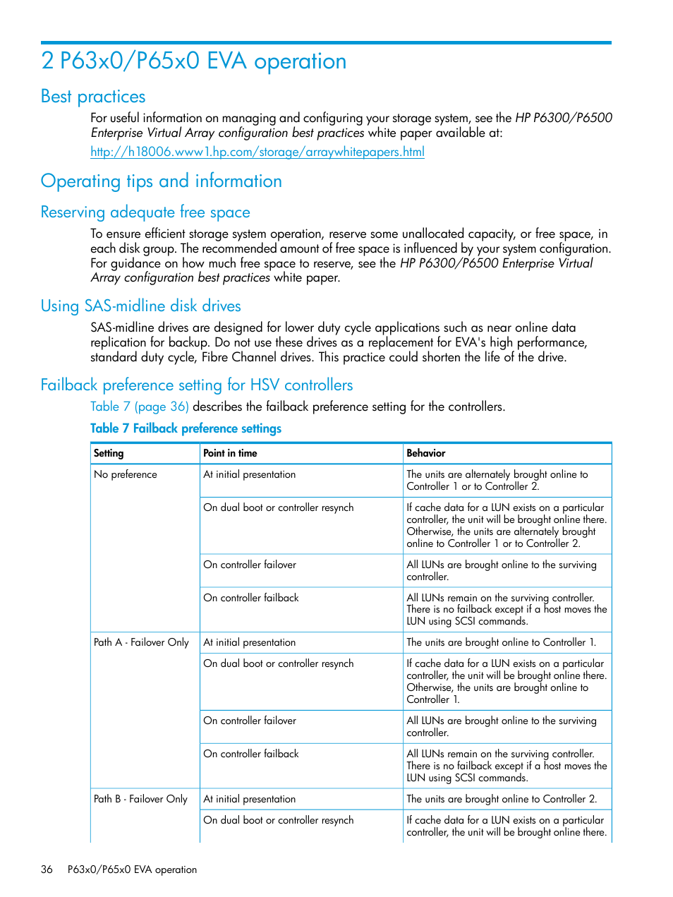 2 p63x0/p65x0 eva operation, Best practices, Operating tips and information | Reserving adequate free space, Using sas-midline disk drives, Failback preference setting for hsv controllers, Best practices operating tips and information | HP EVA P6000 Storage User Manual | Page 36 / 316