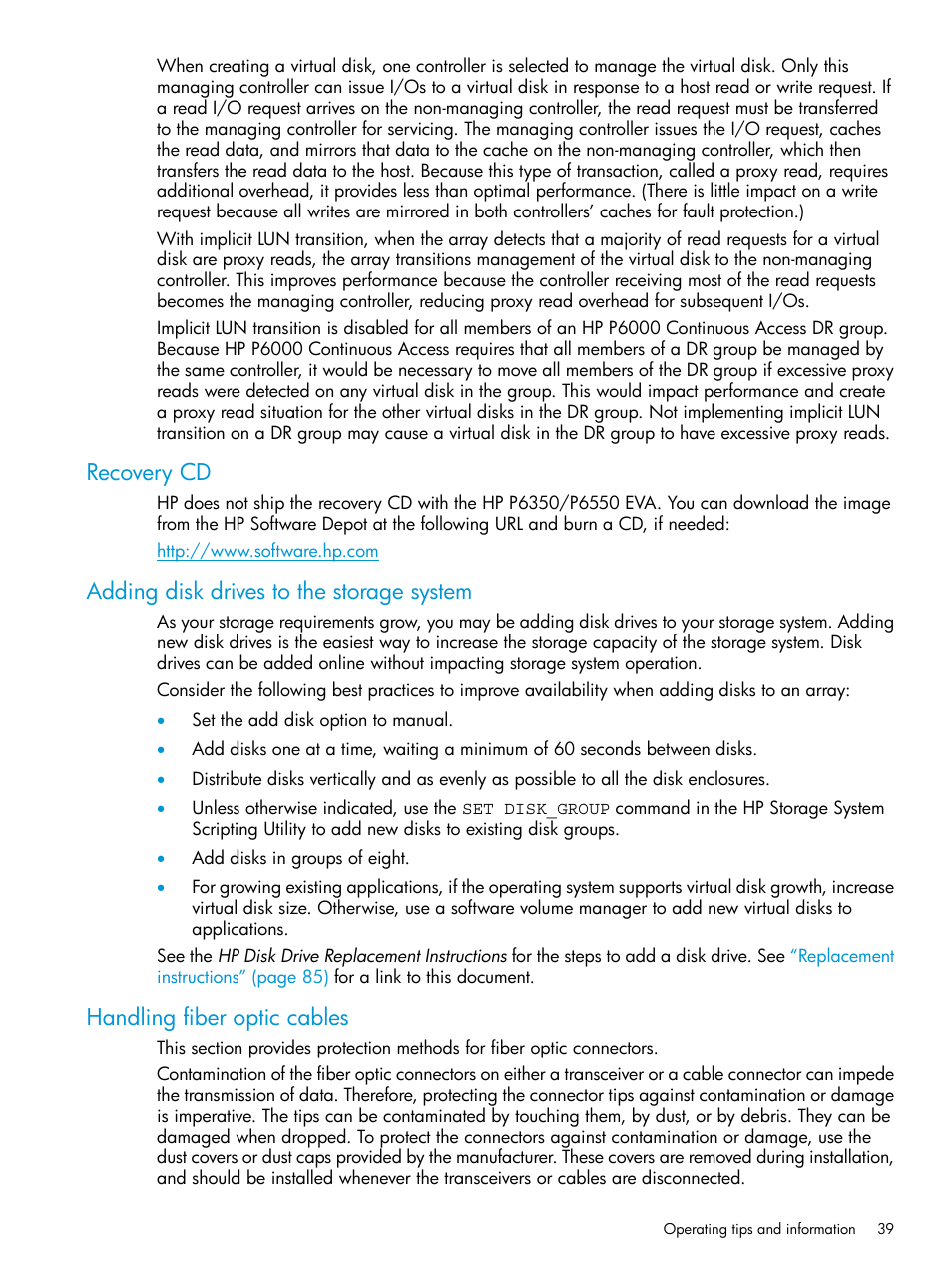 Recovery cd, Adding disk drives to the storage system, Handling fiber optic cables | HP EVA P6000 Storage User Manual | Page 39 / 316