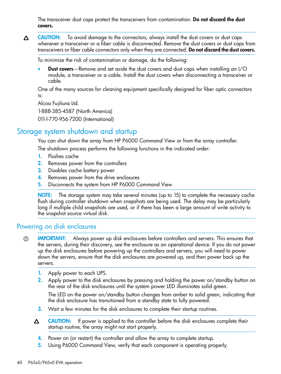 Storage system shutdown and startup, Powering on disk enclosures | HP EVA P6000 Storage User Manual | Page 40 / 316