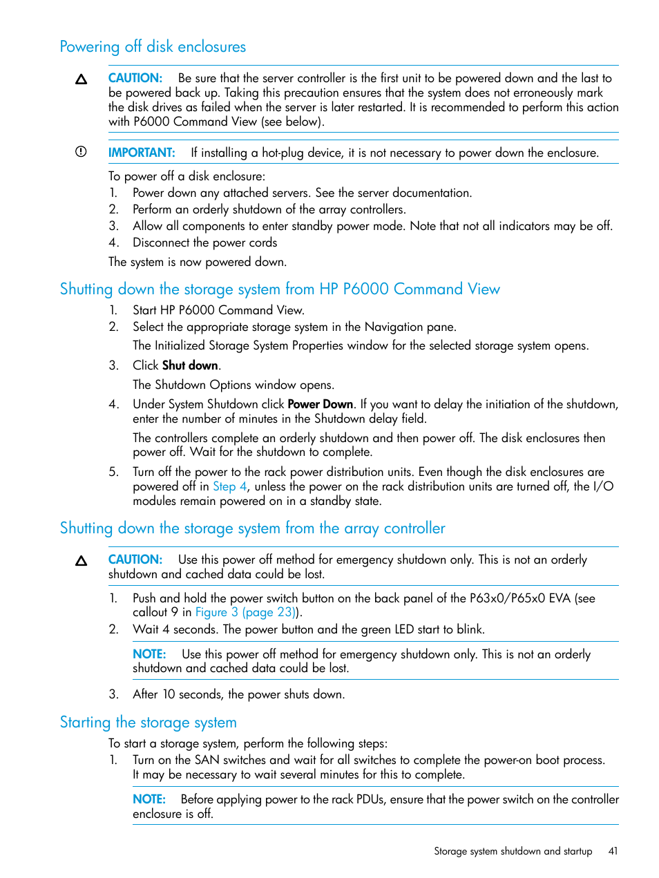Powering off disk enclosures, Starting the storage system | HP EVA P6000 Storage User Manual | Page 41 / 316