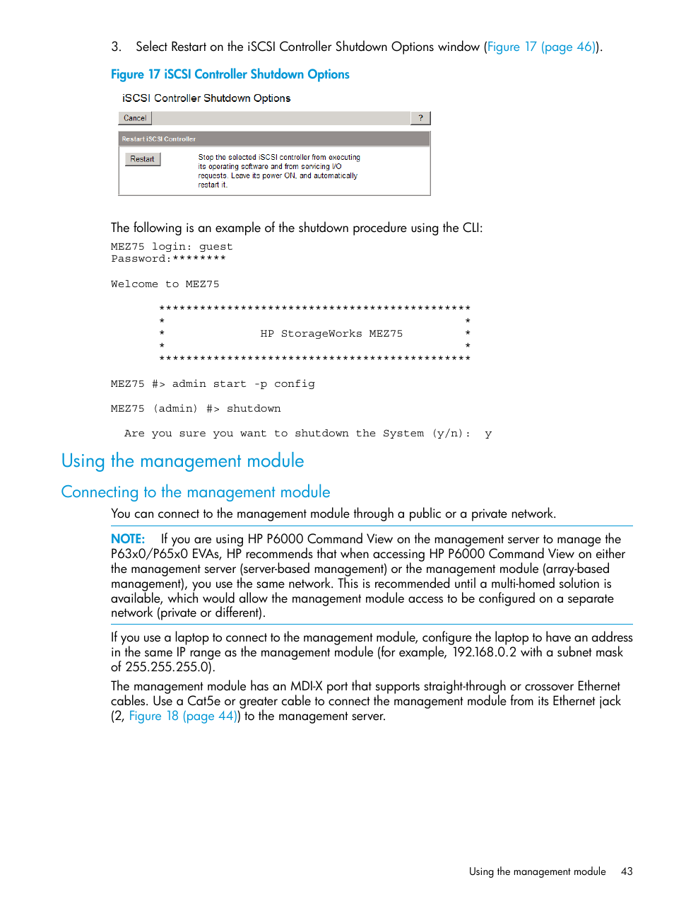 Using the management module, Connecting to the management module | HP EVA P6000 Storage User Manual | Page 43 / 316