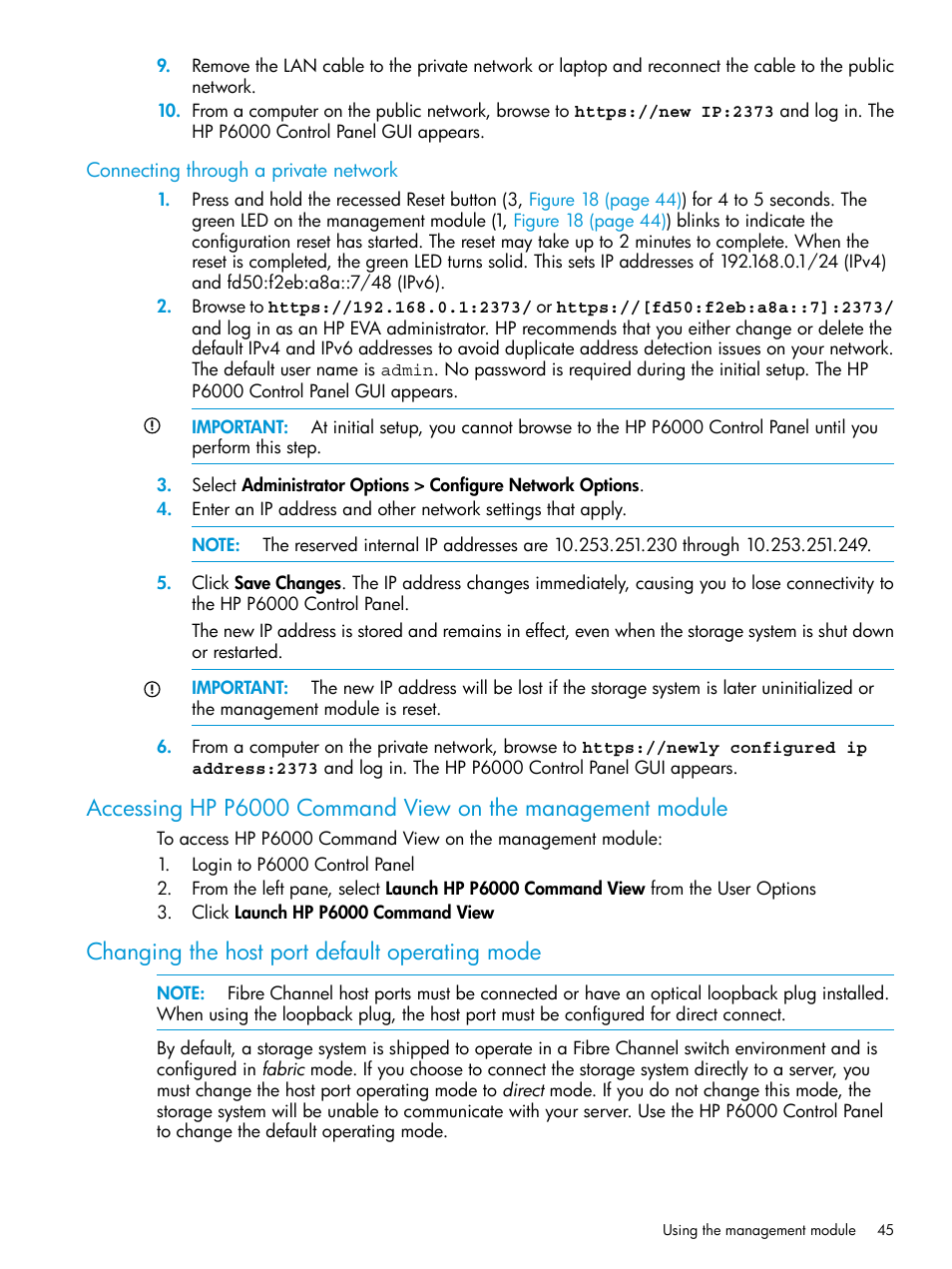 Connecting through a private network, Changing the host port default operating mode | HP EVA P6000 Storage User Manual | Page 45 / 316