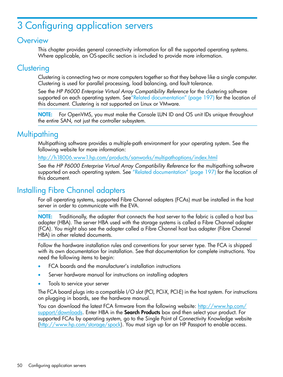 3 configuring application servers, Overview, Clustering | Multipathing, Installing fibre channel adapters | HP EVA P6000 Storage User Manual | Page 50 / 316