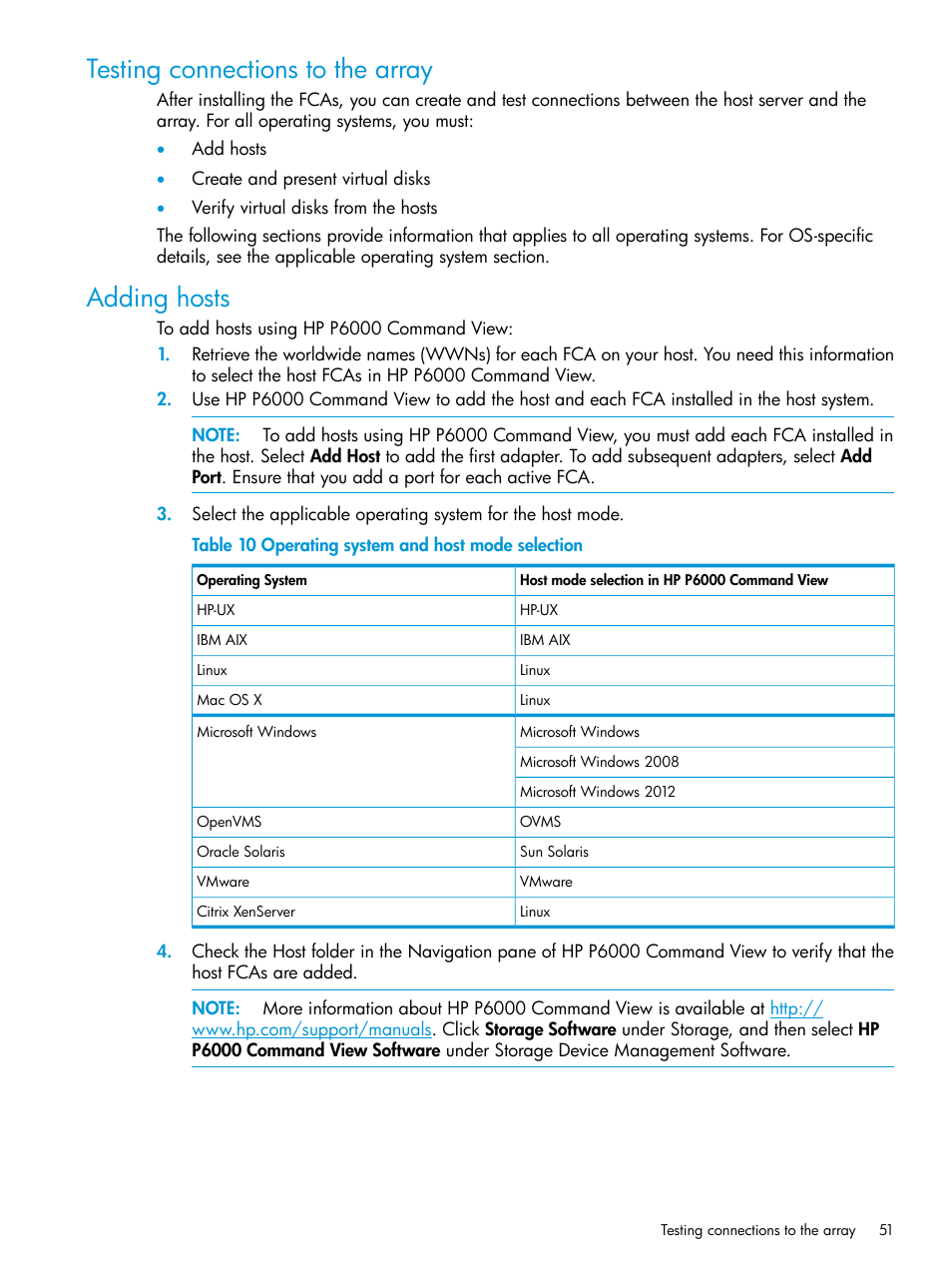 Testing connections to the array, Adding hosts, Testing connections to the array adding hosts | HP EVA P6000 Storage User Manual | Page 51 / 316