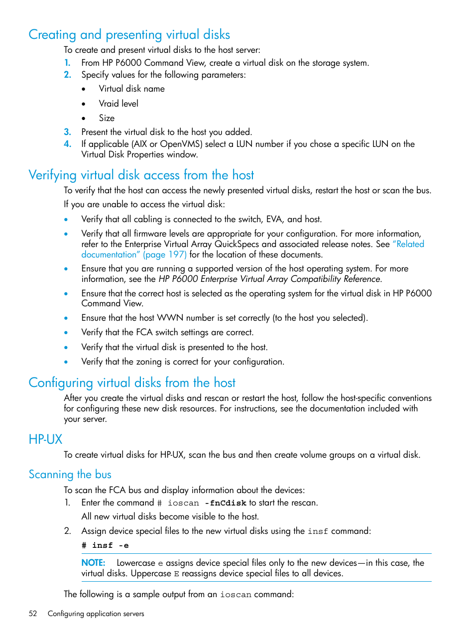 Creating and presenting virtual disks, Verifying virtual disk access from the host, Configuring virtual disks from the host | Hp-ux, Scanning the bus | HP EVA P6000 Storage User Manual | Page 52 / 316