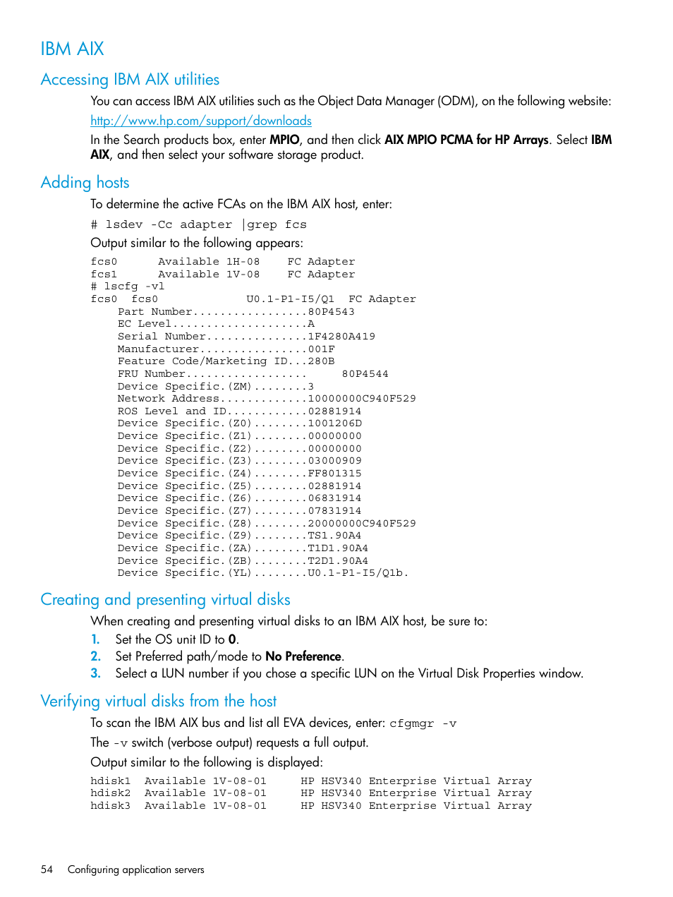 Ibm aix, Accessing ibm aix utilities, Adding hosts | Creating and presenting virtual disks, Verifying virtual disks from the host | HP EVA P6000 Storage User Manual | Page 54 / 316