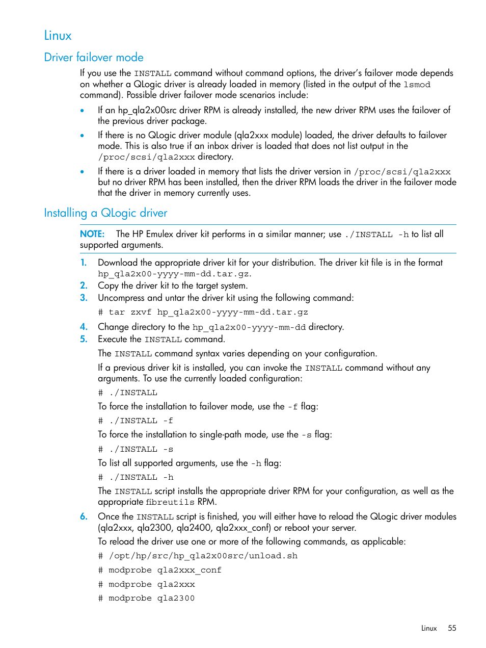 Linux, Driver failover mode, Installing a qlogic driver | Driver failover mode installing a qlogic driver | HP EVA P6000 Storage User Manual | Page 55 / 316
