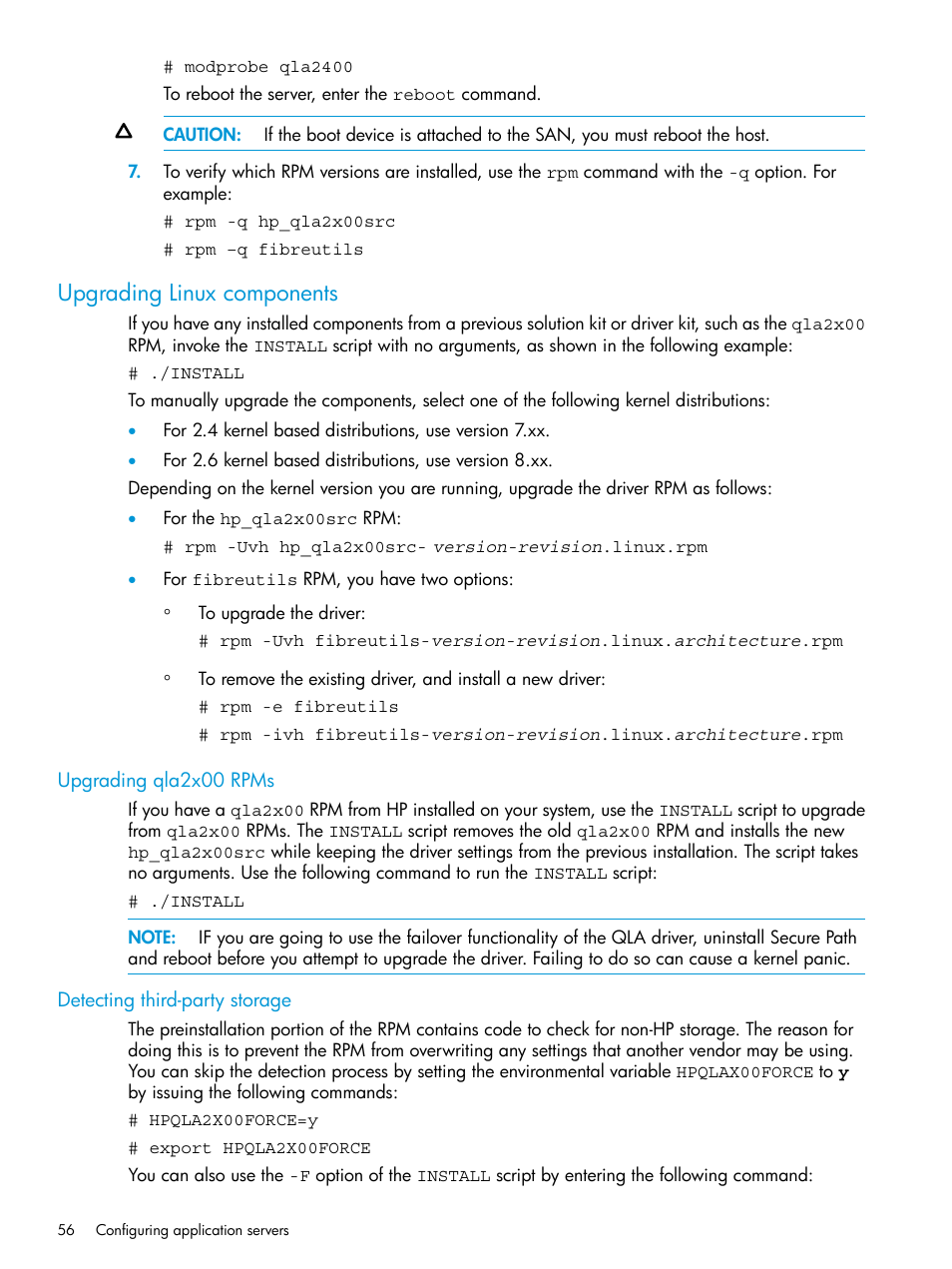 Upgrading linux components, Upgrading qla2x00 rpms, Detecting third-party storage | HP EVA P6000 Storage User Manual | Page 56 / 316