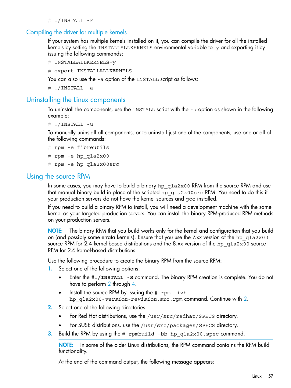 Compiling the driver for multiple kernels, Uninstalling the linux components, Using the source rpm | HP EVA P6000 Storage User Manual | Page 57 / 316