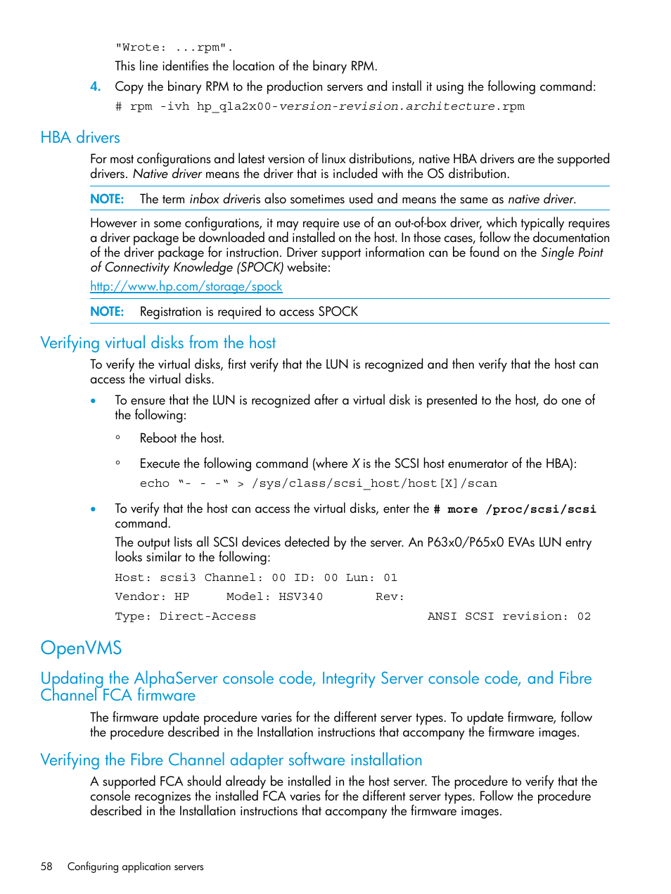 Hba drivers, Verifying virtual disks from the host, Openvms | Hba drivers verifying virtual disks from the host | HP EVA P6000 Storage User Manual | Page 58 / 316