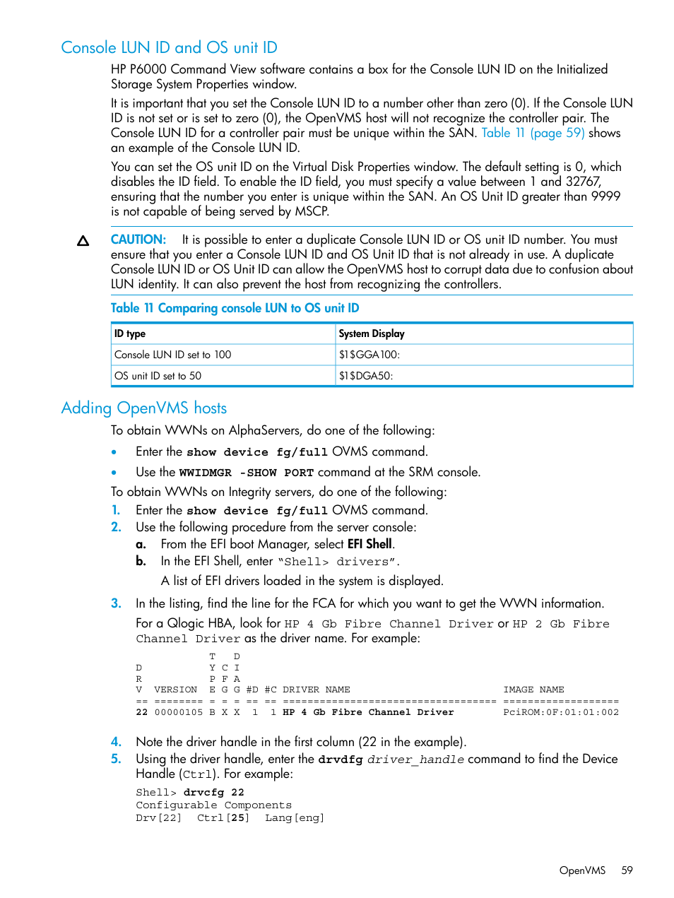 Console lun id and os unit id, Adding openvms hosts, Console lun id and os unit id adding openvms hosts | HP EVA P6000 Storage User Manual | Page 59 / 316