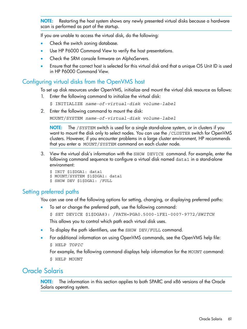 Configuring virtual disks from the openvms host, Setting preferred paths, Oracle solaris | HP EVA P6000 Storage User Manual | Page 61 / 316