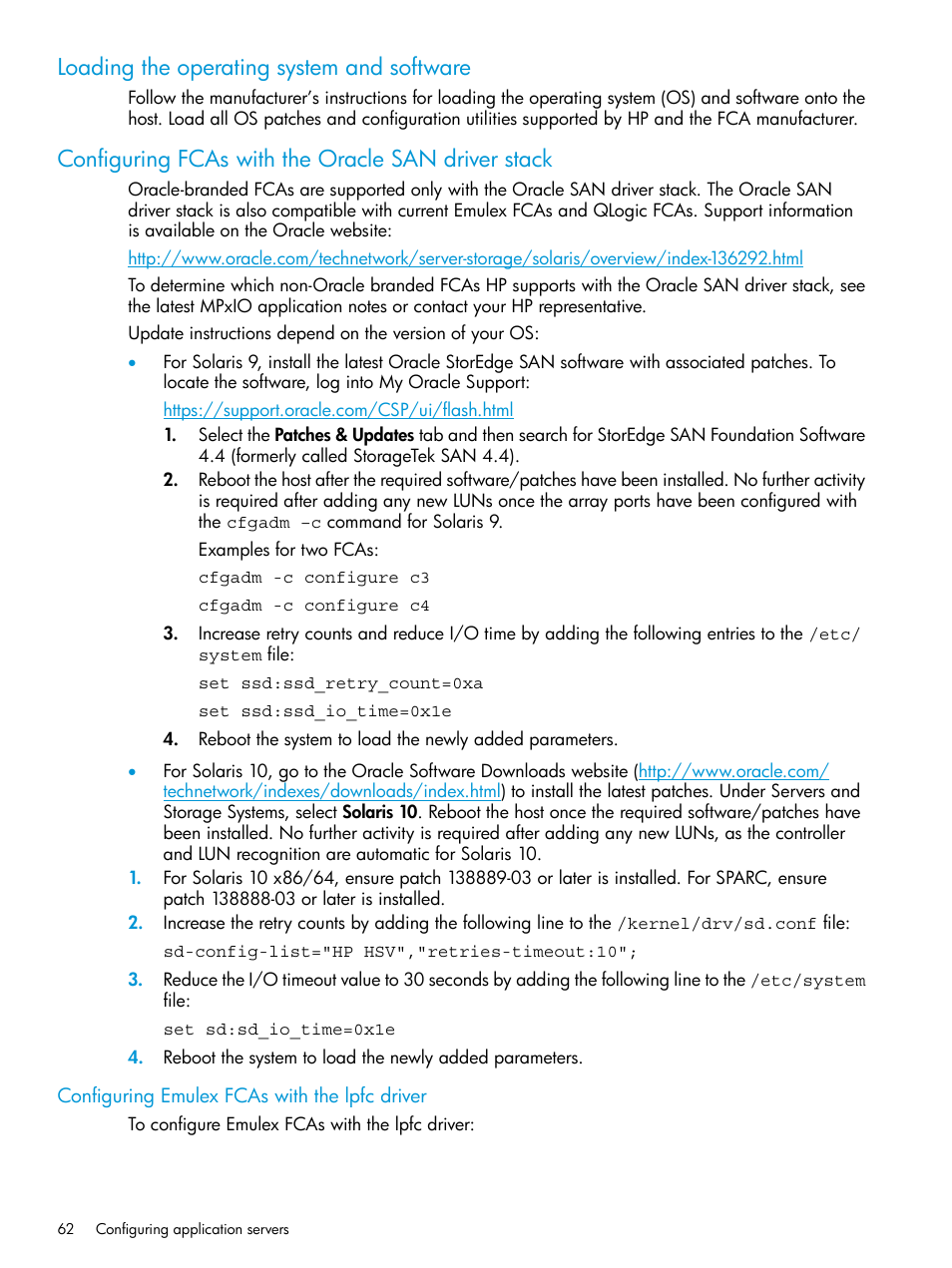 Loading the operating system and software, Configuring fcas with the oracle san driver stack, Configuring emulex fcas with the lpfc driver | HP EVA P6000 Storage User Manual | Page 62 / 316