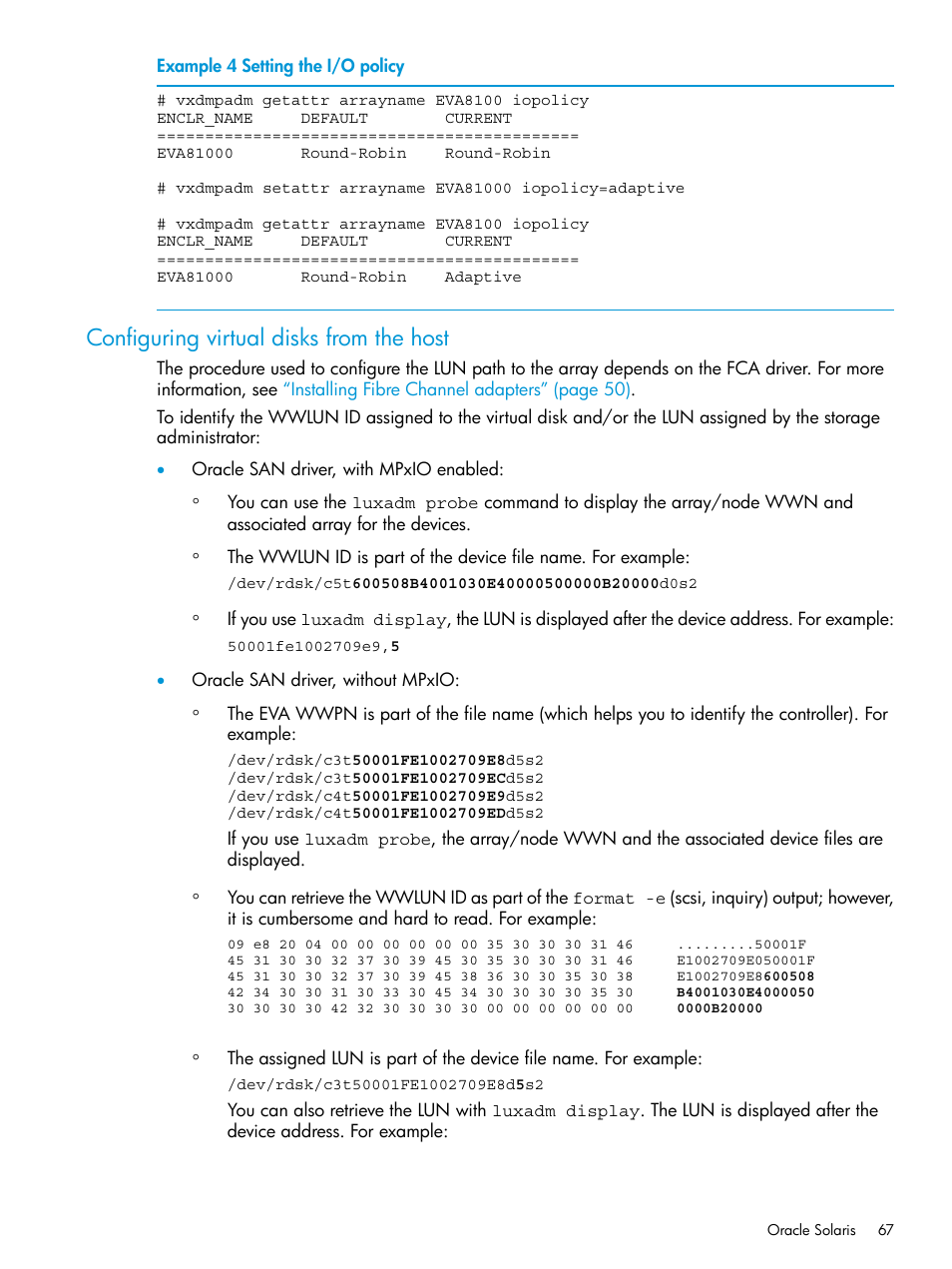 Configuring virtual disks from the host, Example 4 “setting the, I/o policy | HP EVA P6000 Storage User Manual | Page 67 / 316