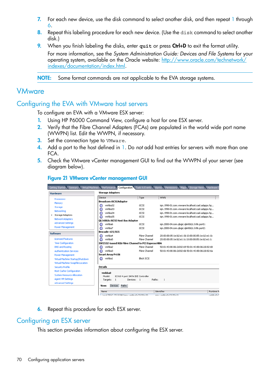 Vmware, Configuring the eva with vmware host servers, Configuring an esx server | HP EVA P6000 Storage User Manual | Page 70 / 316