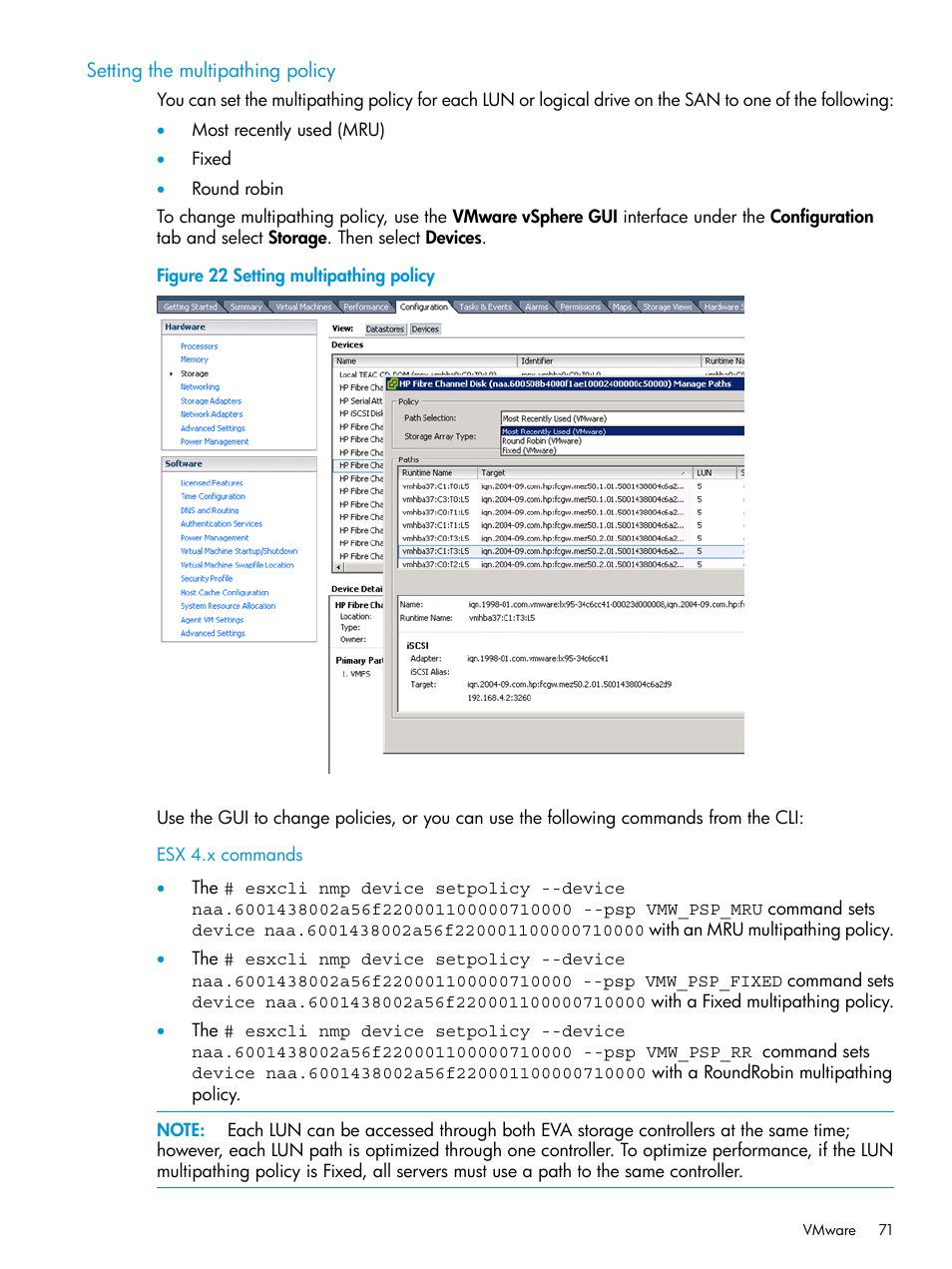 Setting the multipathing policy | HP EVA P6000 Storage User Manual | Page 71 / 316