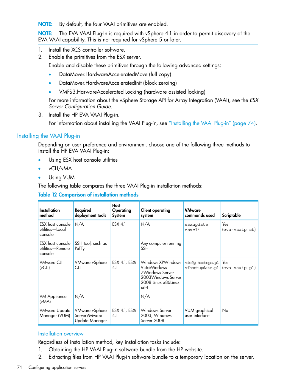 Installing the vaai plug-in, Installation overview | HP EVA P6000 Storage User Manual | Page 74 / 316