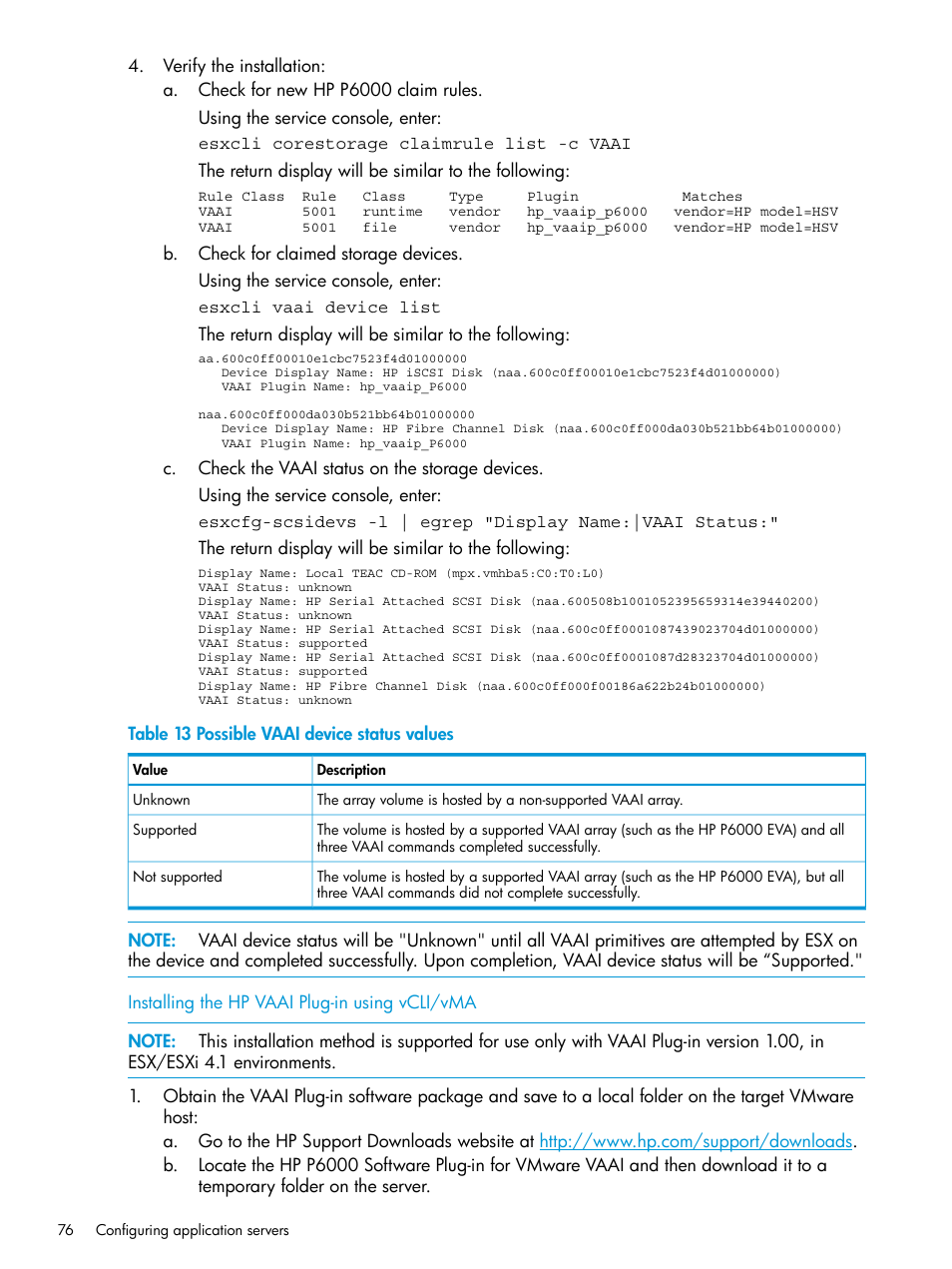 Installing the hp vaai plug-in using vcli/vma | HP EVA P6000 Storage User Manual | Page 76 / 316