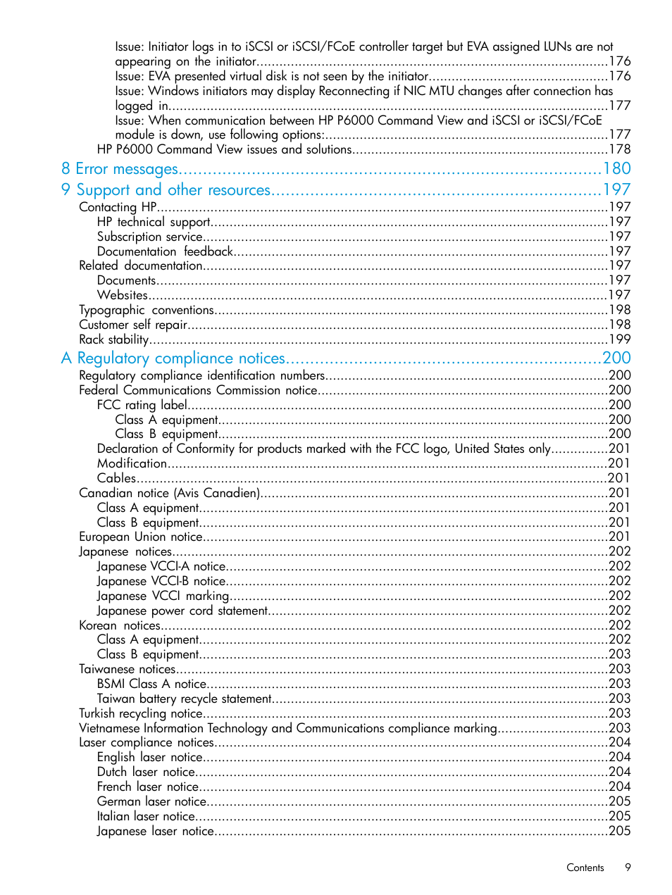 8 error messages 9 support and other resources, A regulatory compliance notices | HP EVA P6000 Storage User Manual | Page 9 / 316